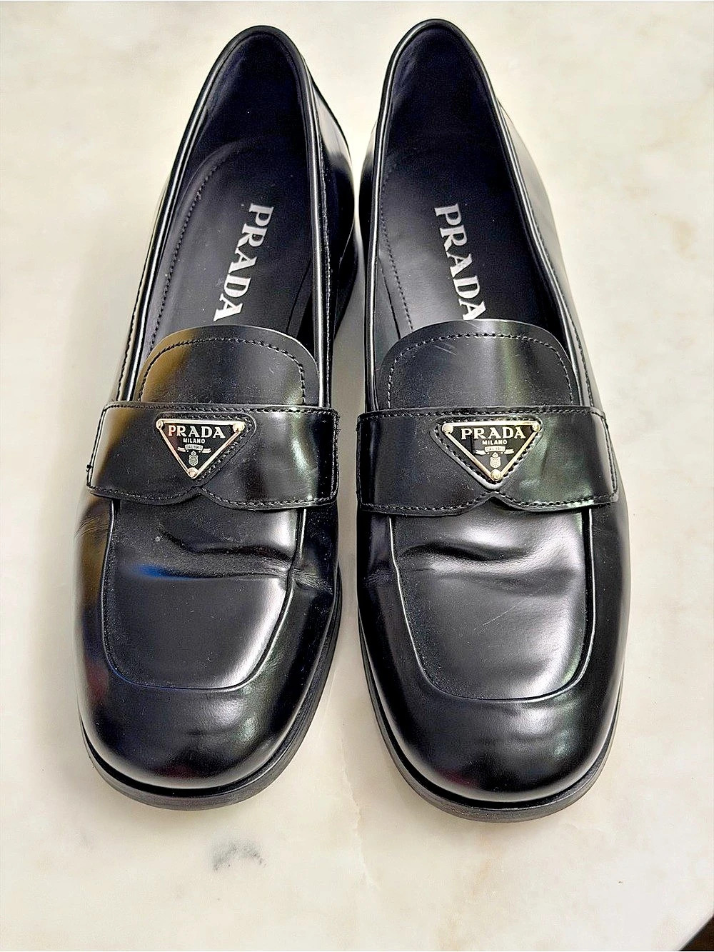 Prada Brushed Leather Loafers with Triangle Logo Black Logo Loafers EU 39